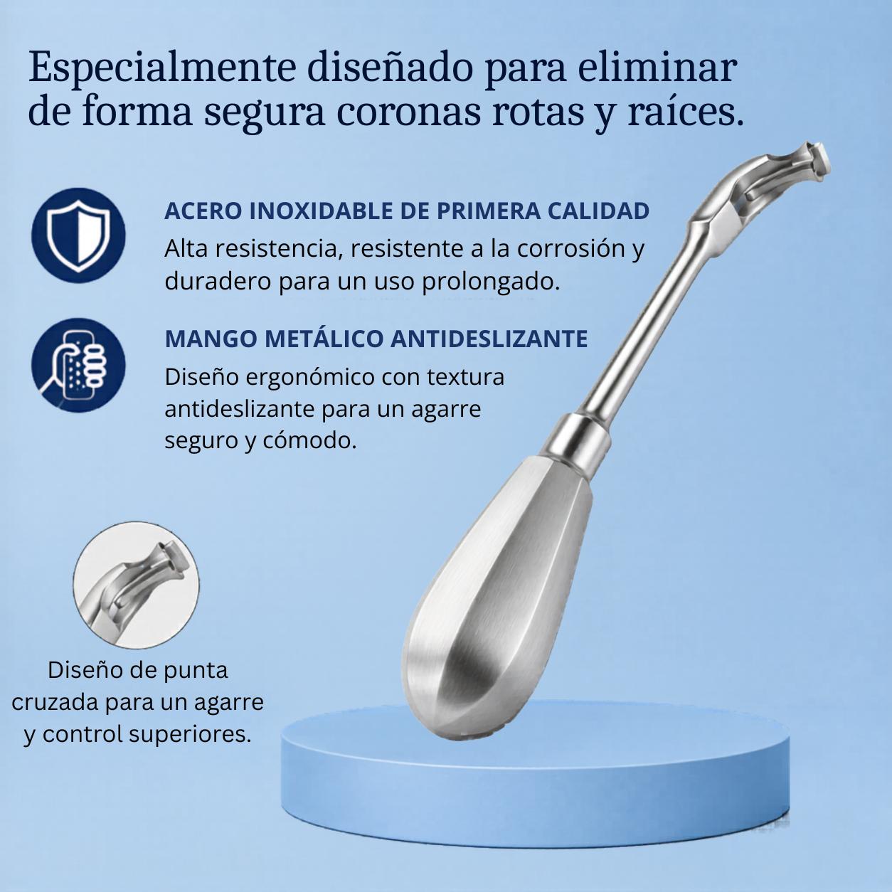 [locale:es] Extractor dental de coronas y raíces: acero inoxidable, mango antideslizante y punta cruzada